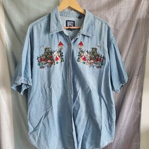 Quizz New York Vintage Embroidered Denim Shirt Light Wash Garden Teddy Bear 22